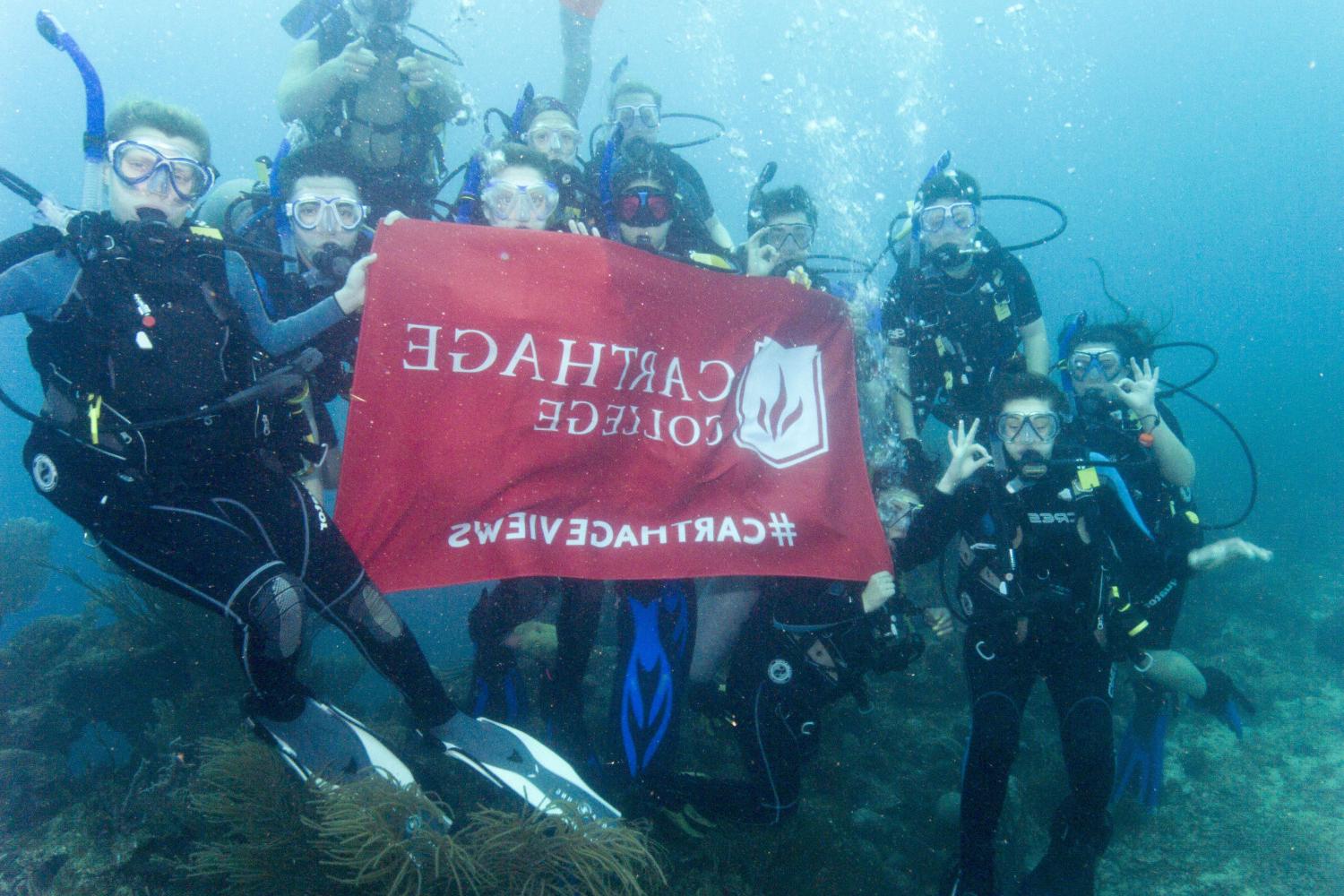 学生们手持<a href='http://7xv.hbwendu.org'>博彩网址大全</a>旗帜，在j学期洪都拉斯游学之旅中潜水.